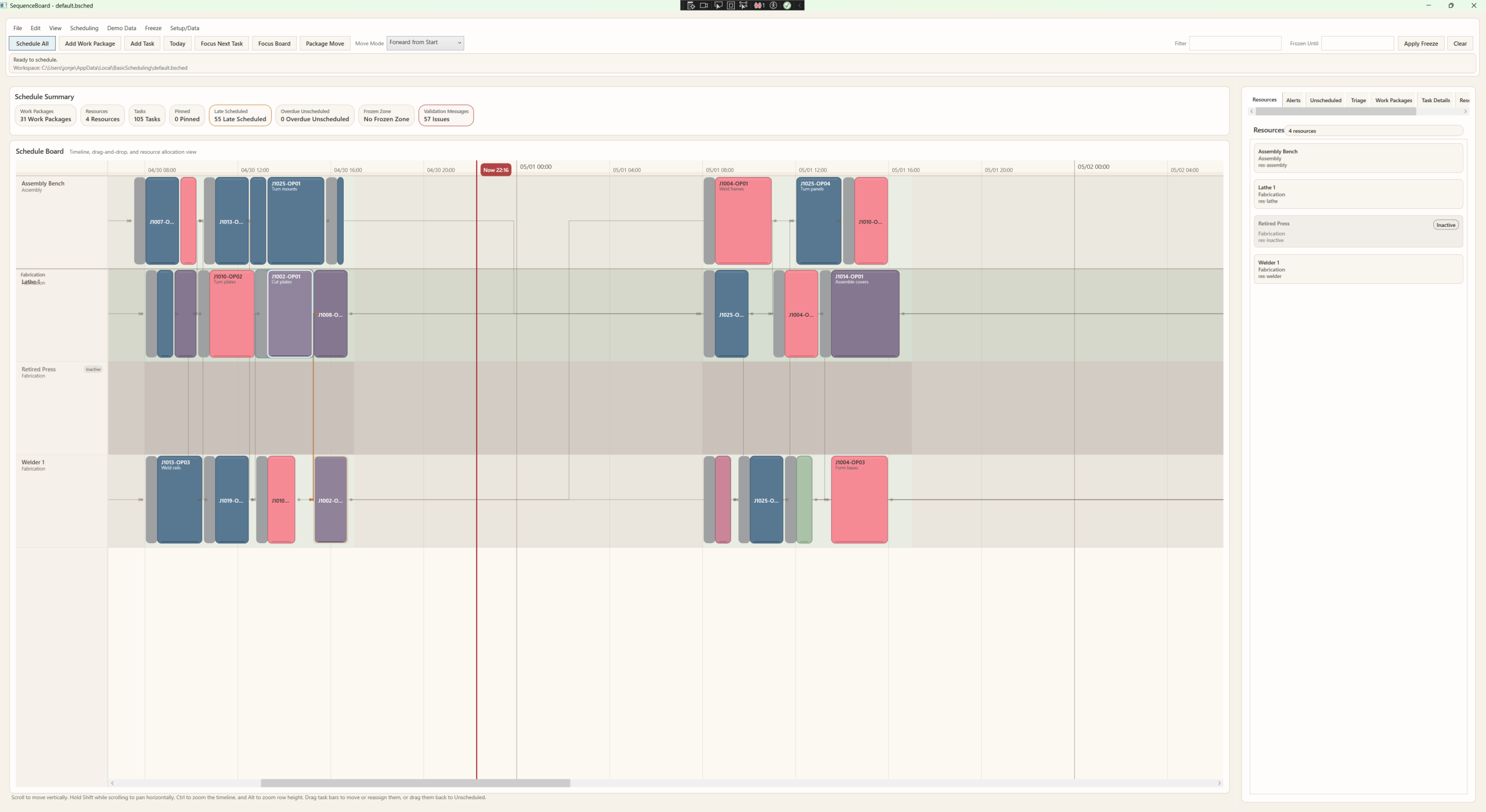 SequenceBoard schedule summary with resource list and timeline scheduling board