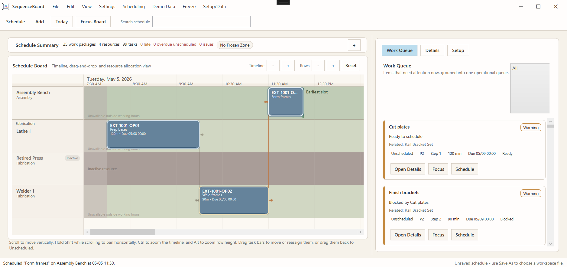 SequenceBoard work queue showing unscheduled and blocked jobs next to the schedule board